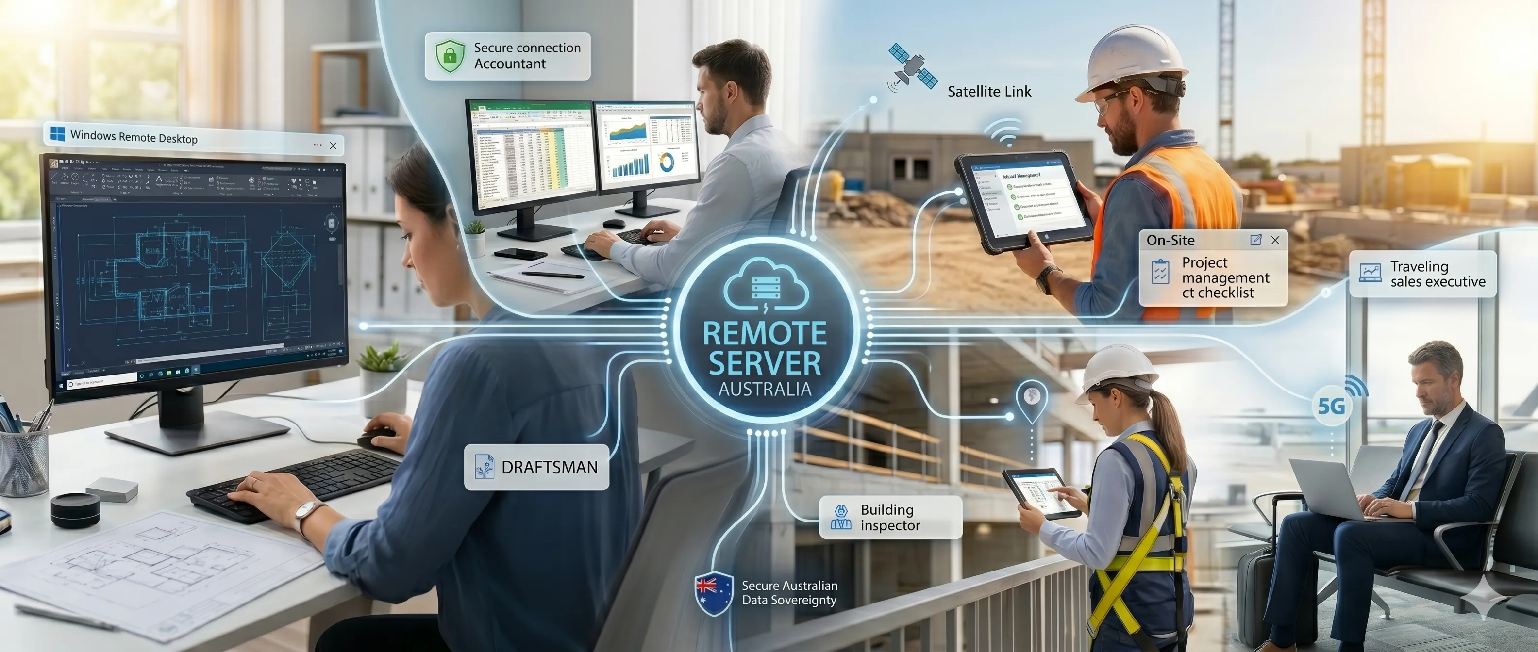Australian businesses using Remote Server cloud — draftsman at office desktop, accountant working remotely, building inspector and site supervisor on tablets at a construction site, travelling executive on laptop — all securely accessing the same Windows cloud server from any device anywhere in Australia